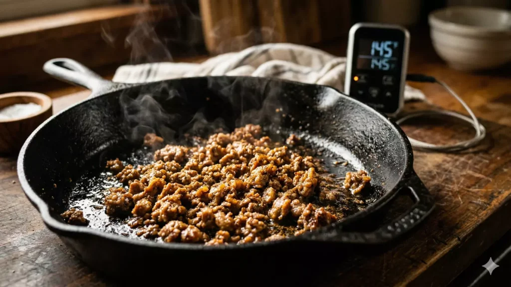 Techniques de cuisson des recettes de viande hachée
cuisson égrenée boulettes dorées poêle en fonte Chef Lucien