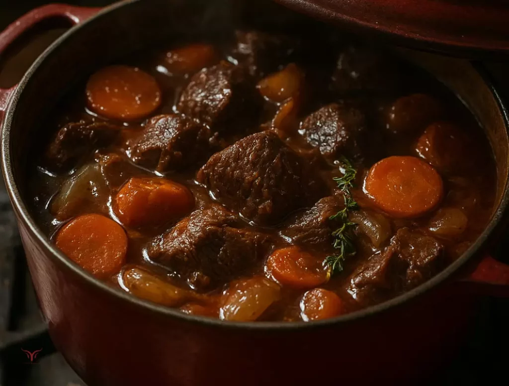 Gros plan sur une daube provençale traditionnelle en train de mijoter à feu doux dans une cocotte en fonte, montrant la viande de bœuf tendre et la sauce riche.