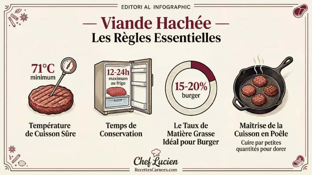 Infographie les règles essentielles des recettes
de viande hachée température conservation pourcentage
Chef Lucien RecettesCarnees
