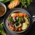 Pot-au-feu traditionnel servi dans assiette creuse avec viande de bœuf, os à moelle, légumes cuits (carottes, poireaux, pommes de terre), bouillon doré en accompagnement, persil frais et pain