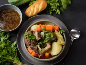 Pot-au-feu traditionnel servi dans assiette creuse avec viande de bœuf, os à moelle, légumes cuits (carottes, poireaux, pommes de terre), bouillon doré en accompagnement, persil frais et pain