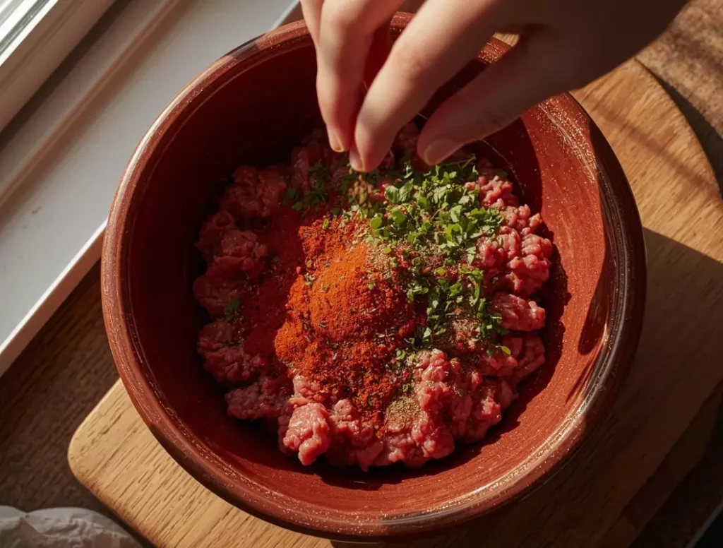 Mains en train d'assaisonner de la viande hachée de bœuf dans un bol avec des épices et du persil frais.