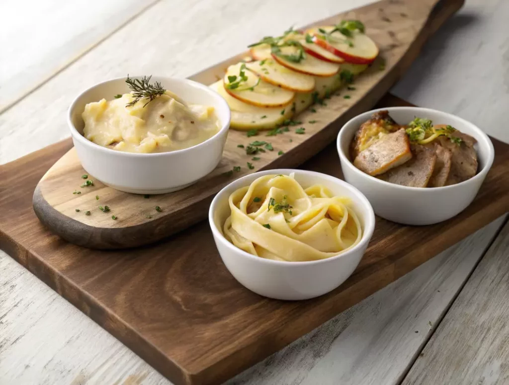 Accompagnements suggérés pour l'escalope de veau normande : purée, pâtes et pommes poêlées