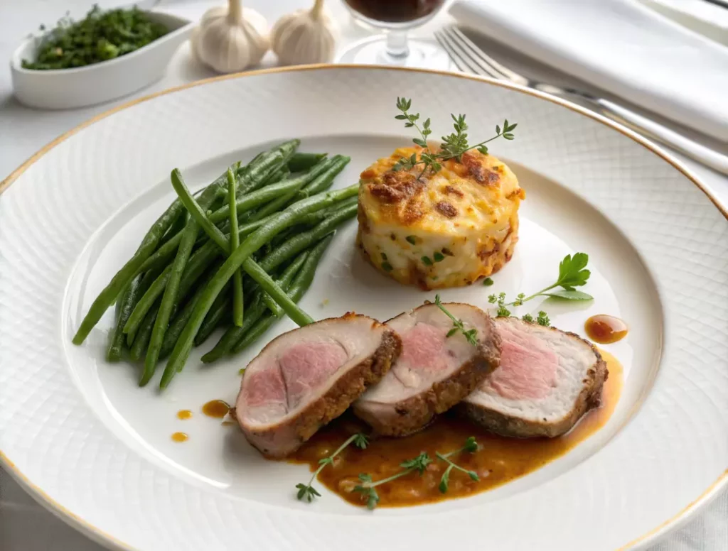 Assiette complète avec rôti de veau orloff, gratin dauphinois doré et haricots verts persillade, présentation restaurant
