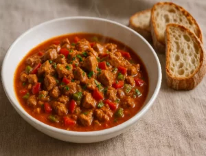 Plat d'Axoa de veau traditionnel basque, mijoté aux poivrons et piment d'Espelette