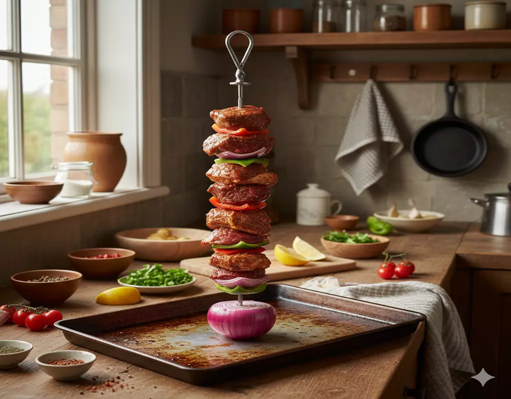 Broche kebab maison verticale avec viande sur base d'oignon dans plat de cuisson