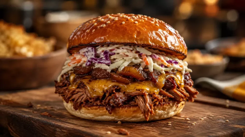 Burger garni d'effiloché de bœuf, cheddar fondu, coleslaw maison et oignons caramélisés