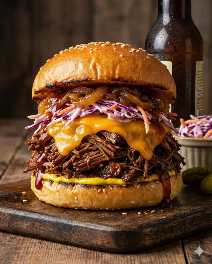 Burger effiloché bœuf BBQ généreux pain brioché grillé cheddar fondu coleslaw maison oignons caramélisés sauce qui coule appétissant
