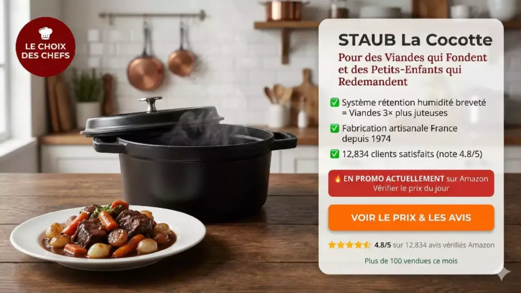 Cocotte STAUB 24cm fonte émaillée noire avec système rétention humidité pour mijotés parfaits