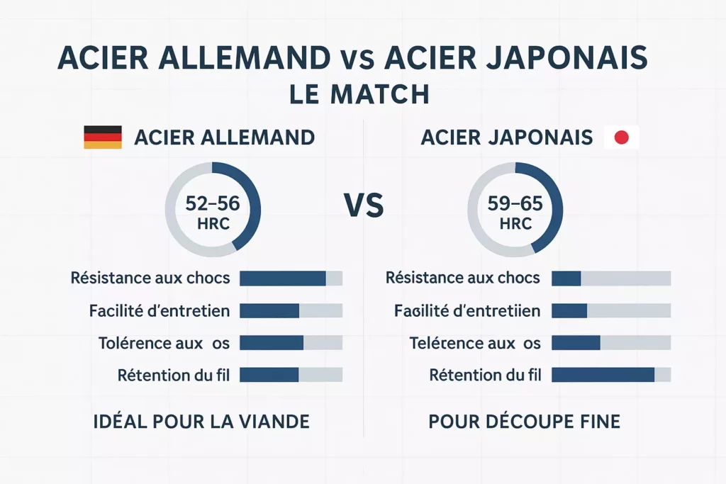 meilleur couteau de cuisine pour viande - Infographie comparaison acier allemand vs japonais pour couteaux de cuisine