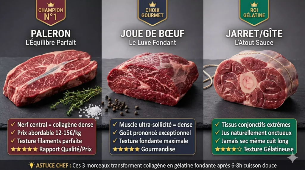 Comparaison trois morceaux bœuf paleron joue jarret crus ardoise nerf central collagène cuisson lente effiloché parfait
