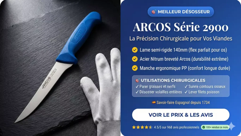 Couteau désosseur Arcos série 2900 lame semi-rigide 140mm acier Nitrum manche ergonomique bleu polypropylène précision chirurgicale viandes
