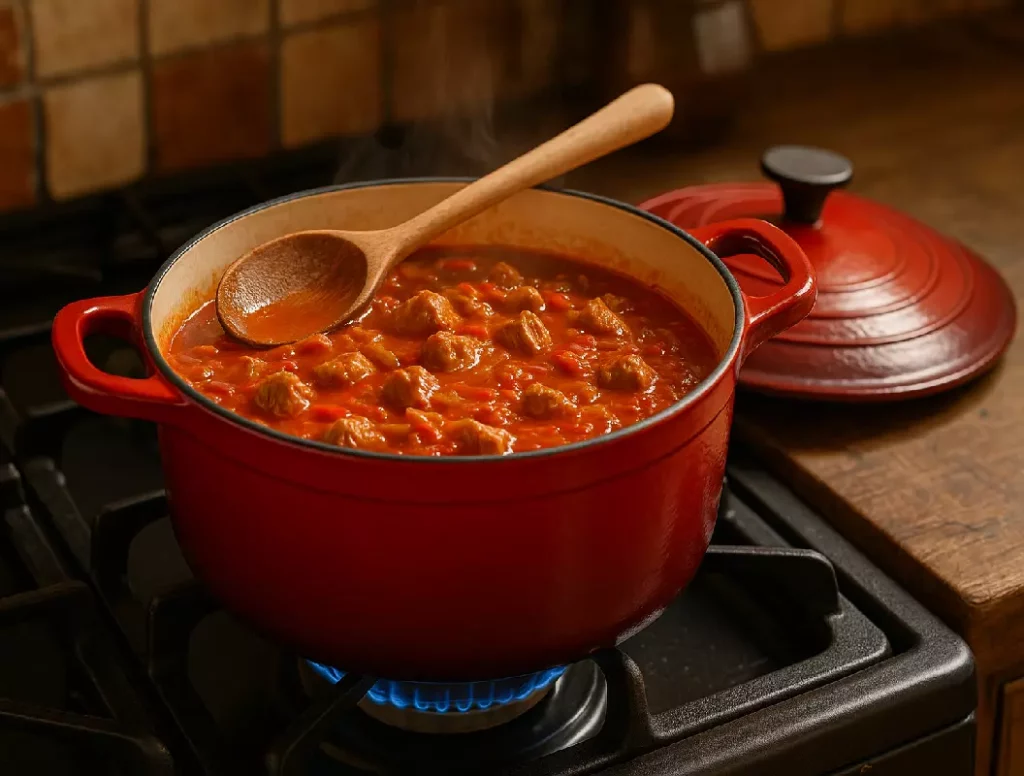 Mijoté d'axoa de veau dans une cocotte en fonte, prêt à être servi