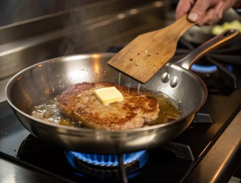 Cuisson rapide d'une escalope de veau dans une poêle chaude