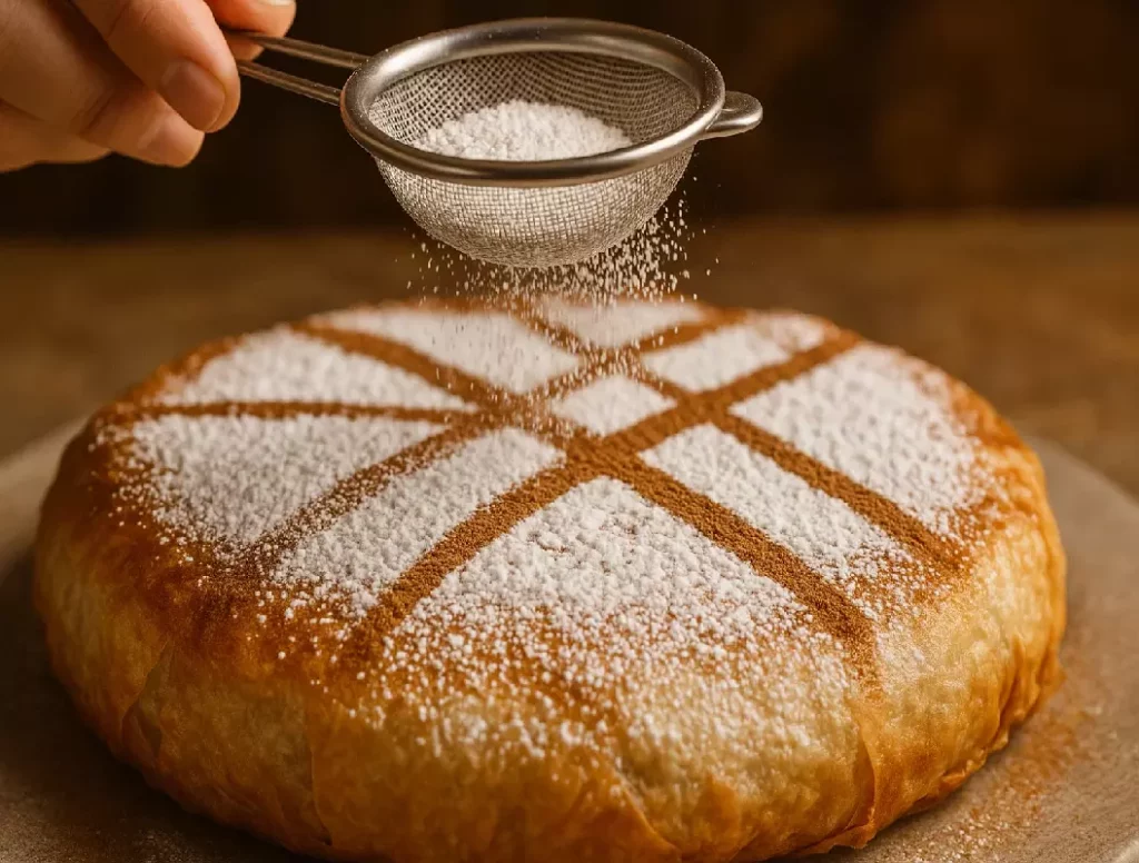 Décoration finale d'une pastilla au poulet avec du sucre glace et de la cannelle en poudre