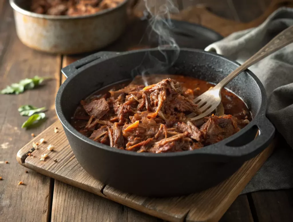 Effiloché de bœuf fondant dans une cocotte en fonte, viande qui se défait à la fourchette avec sauce barbecue fumée