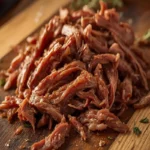 Effiloché de bœuf sauce barbecue sur planche de bois, viande fondante aux fibres apparentes et sauce caramélisée