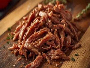 Effiloché de bœuf sauce barbecue sur planche de bois, viande fondante aux fibres apparentes et sauce caramélisée