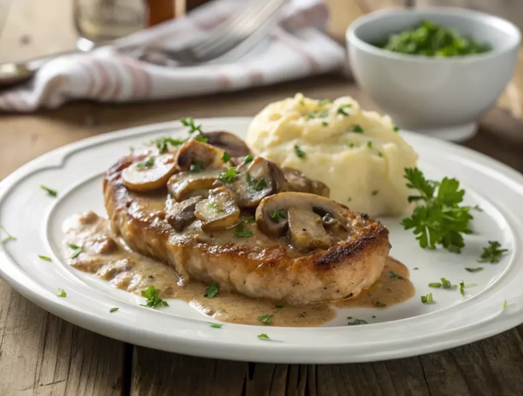Escalope de veau à la normande servie dans une assiette avec sa sauce crème champignons