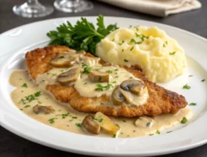 Escalope de veau nappée de sauce normande crémeuse aux champignons de Paris