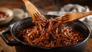Effiloché de bœuf fondant nappé de sauce barbecue dans une cocotte en fonte