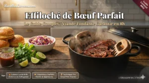 Effiloché bœuf fondant cocotte fonte noire vapeur chaude griffes bois séparant fibres viande sauce barbecue table rustique noyer