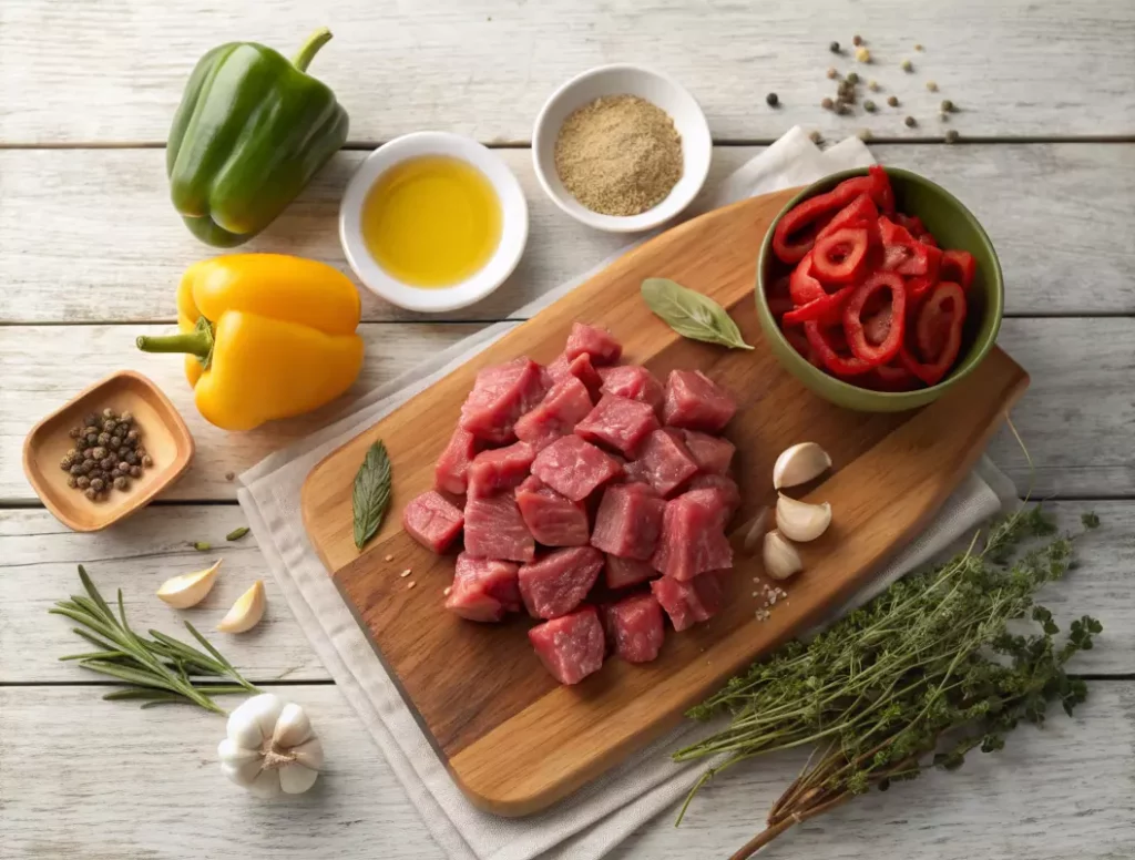 Ingrédients pour la recette de l'axoa de veau basque, incluant veau émincé et piments