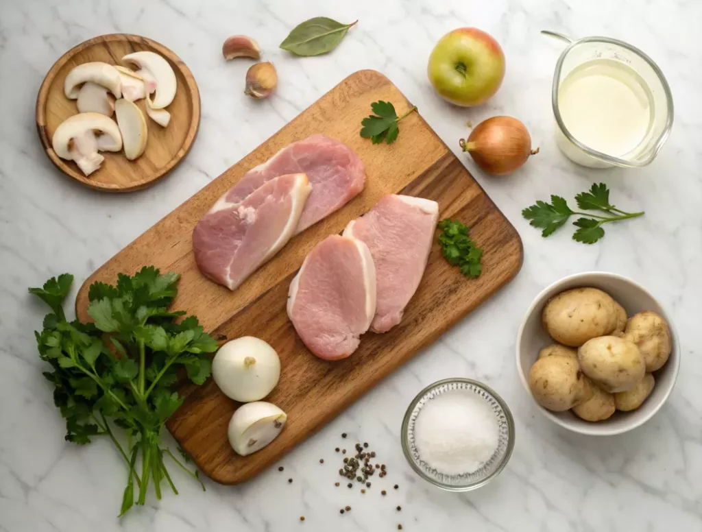 Ingrédients pour la recette de l'escalope de veau normande disposés sur une table