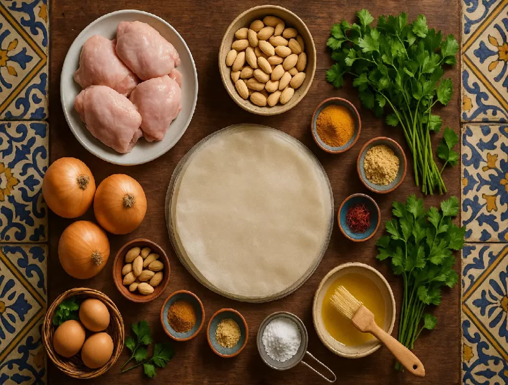 Les ingrédients pour la pastilla au poulet et aux amandes : feuilles de brick, amandes, oignons, œufs et épices