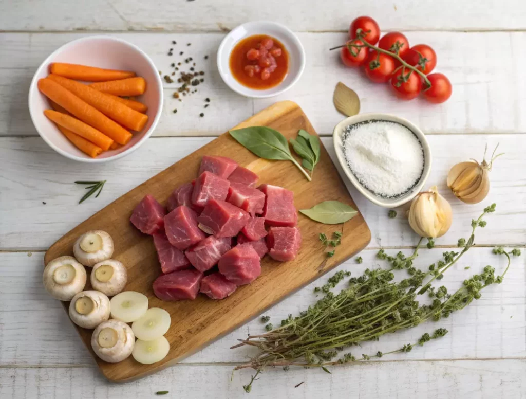 Ingrédients pour la recette traditionnelle du veau marengo, avec épaule de veau et légumes
