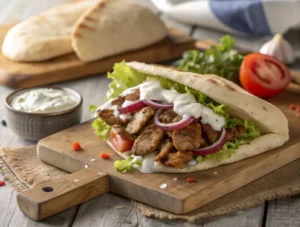 Kebab maison fait avec viande marinée, sauce blanche, pain pita moelleux, salade tomate oignon