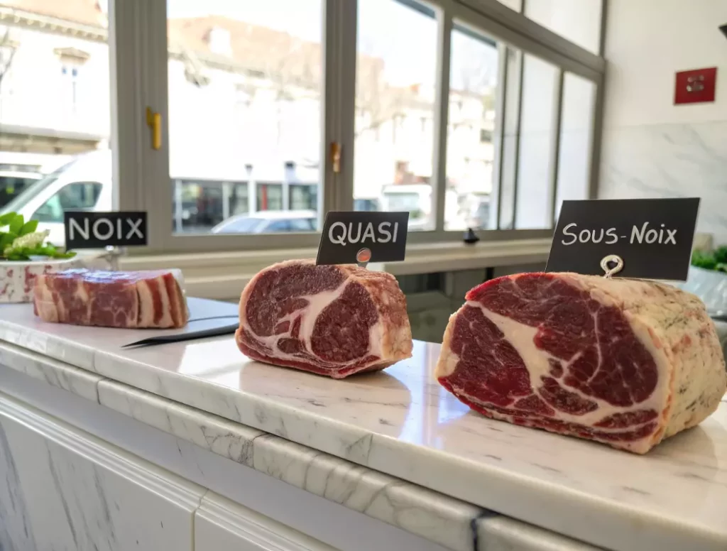 Trois morceaux de veau (noix, quasi, sous-noix) présentés sur une planche de boucher avec étiquettes