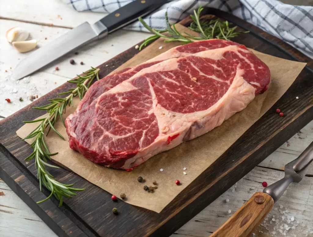 Paleron de bœuf cru montrant le nerf central riche en collagène, morceau idéal pour l'effiloché de viande