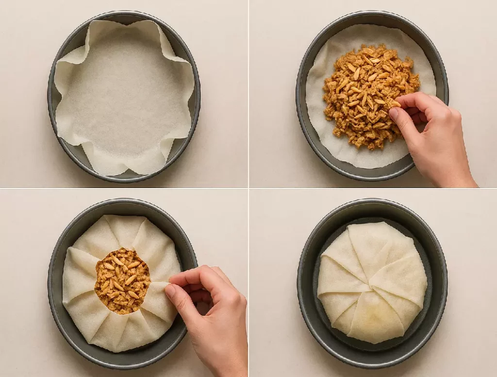 Guide visuel montrant le pliage facile d'une pastilla au poulet en 4 étapes dans un moule rond