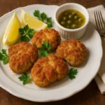 Recette cervelle de veau panée dorée servie avec citron et persil sur assiette blanche