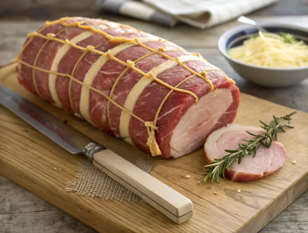 Rôti de veau orloff incisé et farci avec fromage et dinde visible, avant cuisson, ficelle de cuisine apparente