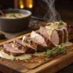 Rôti de veau orloff tranché sur planche de service avec sauce coulante, farce fondante visible, présentation gastronomique