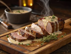 Rôti de veau orloff tranché sur planche de service avec sauce coulante, farce fondante visible, présentation gastronomique