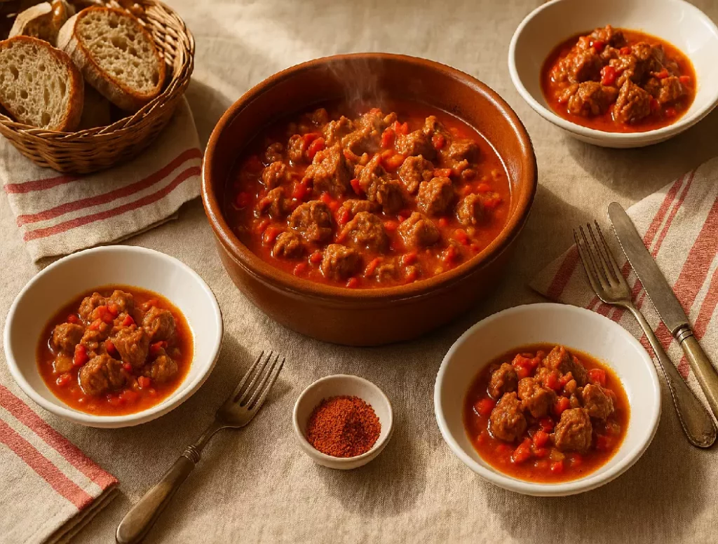 Service de l'axoa de veau traditionnel avec pain basque