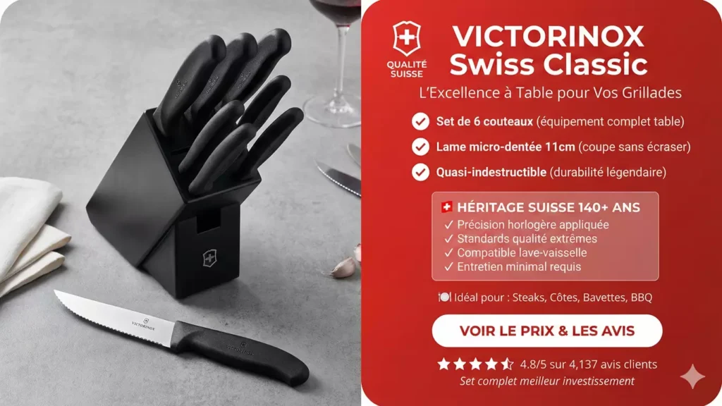Set 6 couteaux steak Victorinox Swiss Classic lame micro-dentée 11cm manche noir polypropylène bloc rangement qualité suisse table
