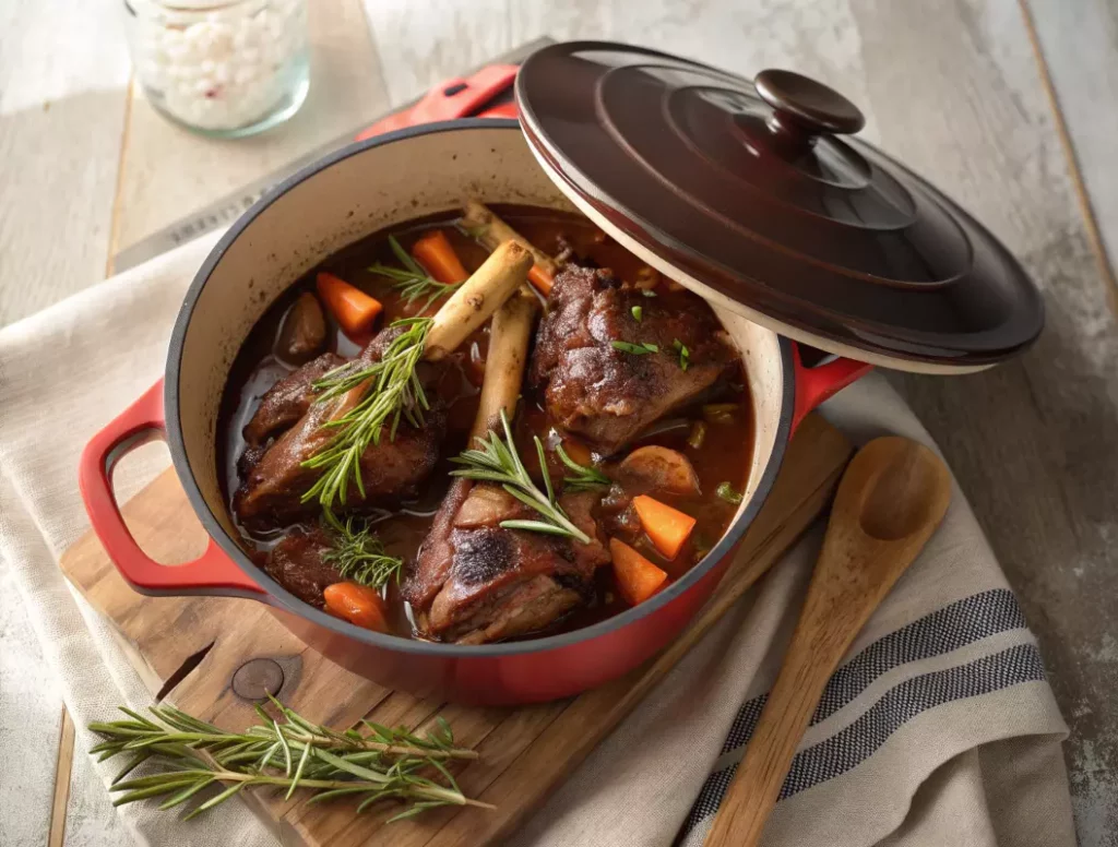 Souris d'agneau confite en cocotte, cuite au four avec une sauce réduite