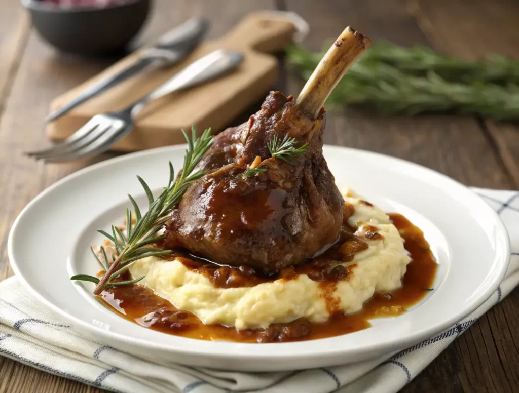 Souris d'agneau confite au four, servie sur une purée, la viande fondante se détache de l'os