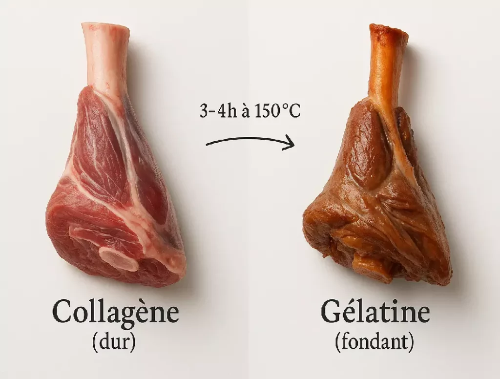 Schéma expliquant la transformation du collagène en gélatine pendant la cuisson lente.