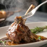 Test de cuisson de la souris d'agneau confite : la viande se détache facilement de l'os avec une fourchette