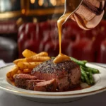Steak au poivre avec sauce crémeuse au cognac servi dans un bistrot parisien traditionnel