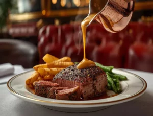 Steak au poivre avec sauce crémeuse au cognac servi dans un bistrot parisien traditionnel