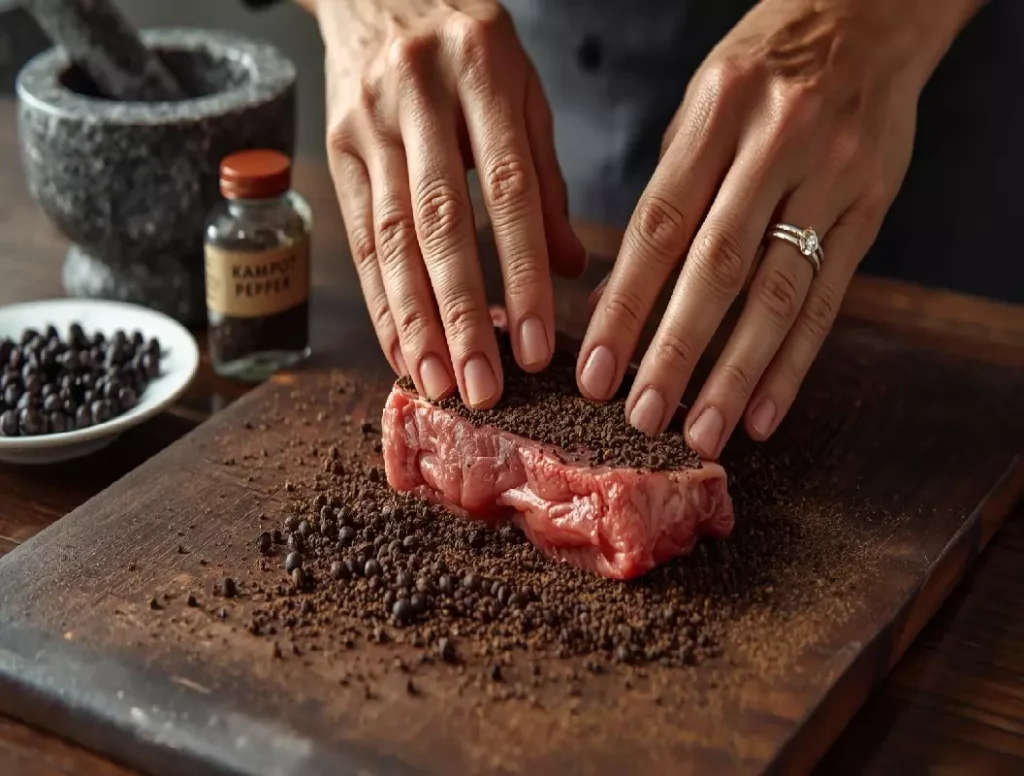 Technique de préparation du steak au poivre avec grains de poivre noir concassés grossièrement