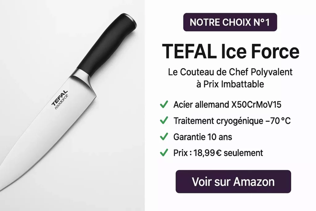 Couteau de chef Tefal Ice Force 20cm sur fond blanc avec caractéristiques
