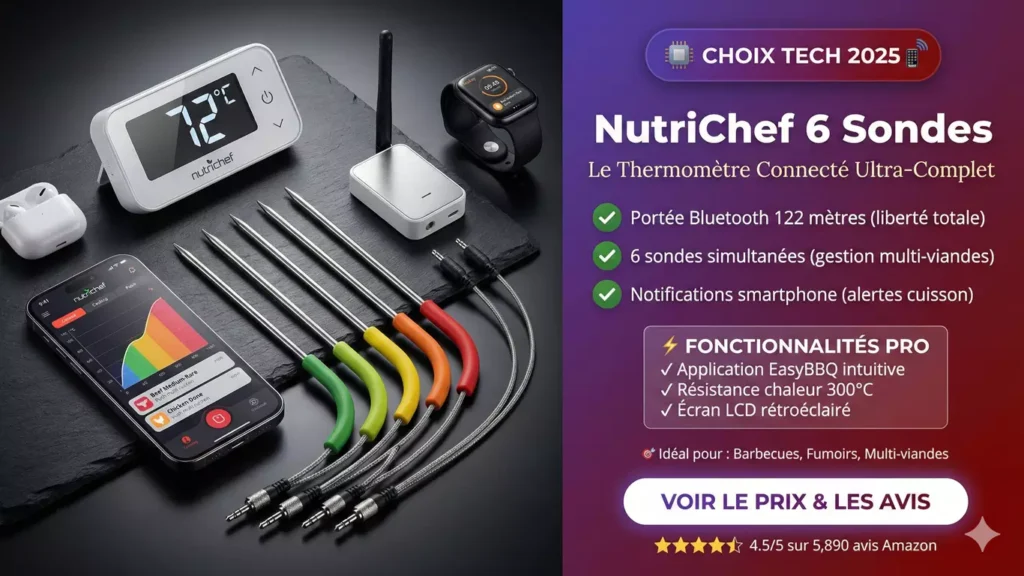 Thermomètre connecté Bluetooth NutriChef avec 6 sondes couleur acier inoxydable écran LCD et application smartphone pour cuisson précise