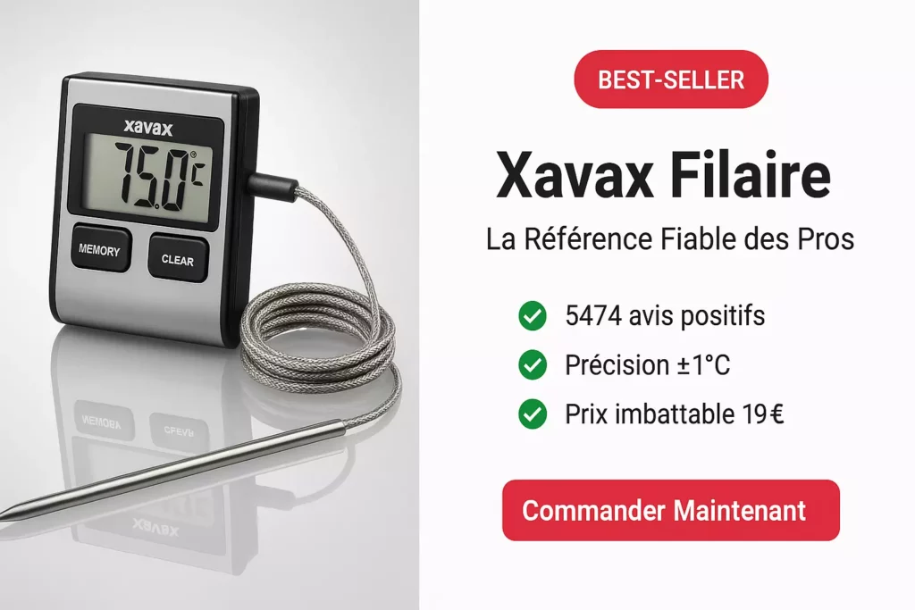 Thermomètre filaire Xavax professionnel avec sonde métallique, écran numérique et boutons mémoire et effacer.